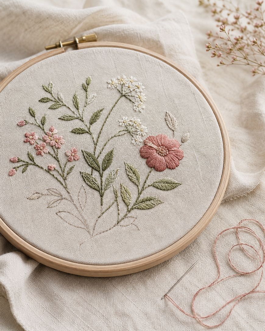 An embroidery hoop holds beige fabric with hand-stitched pink, white, and green floral designs. Nearby are a pink thread and needle, all set on a soft, light fabric background.