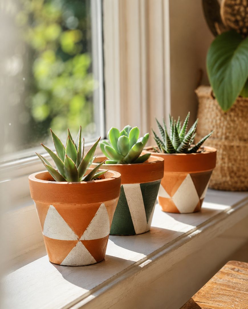Three small potted succulents sit on a windowsill. The terracotta pots have geometric white patterns with green and orange accents. Sunlight streams through the window, casting soft shadows.
