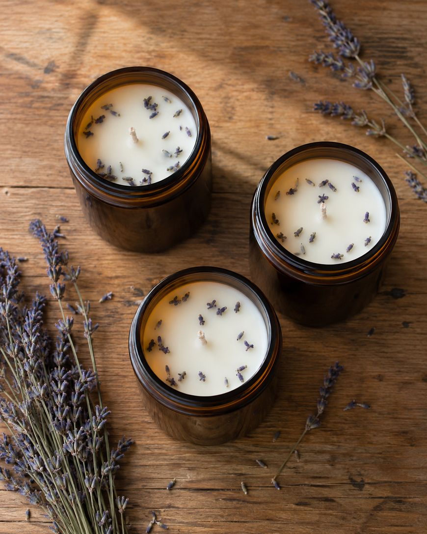 Three brown glass jars filled with white candles topped with dried lavender sit on a rustic wooden surface, surrounded by sprigs of lavender.