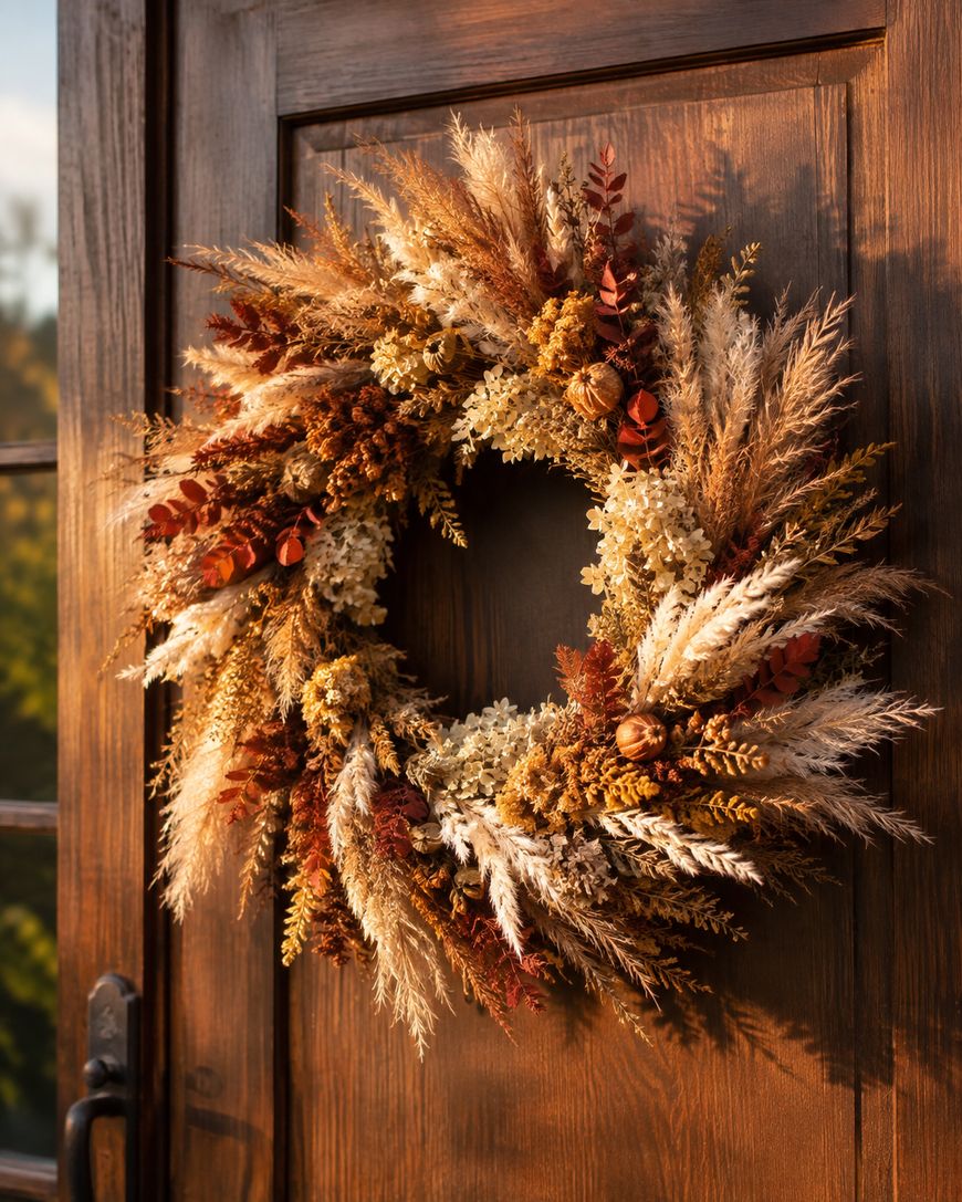 A dried flower and pampas wreath hanging on a dark wooden door.