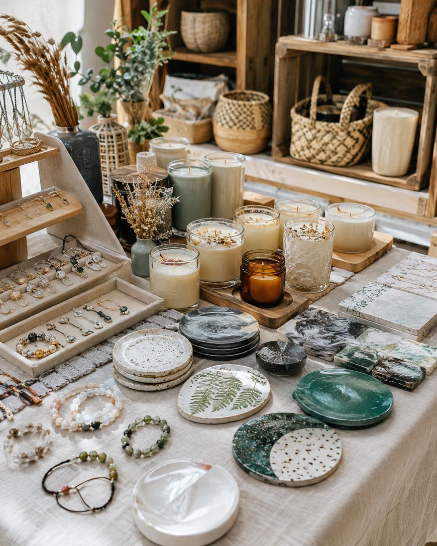 A market stall display of handmade jewelry and poured candles in glass jars.