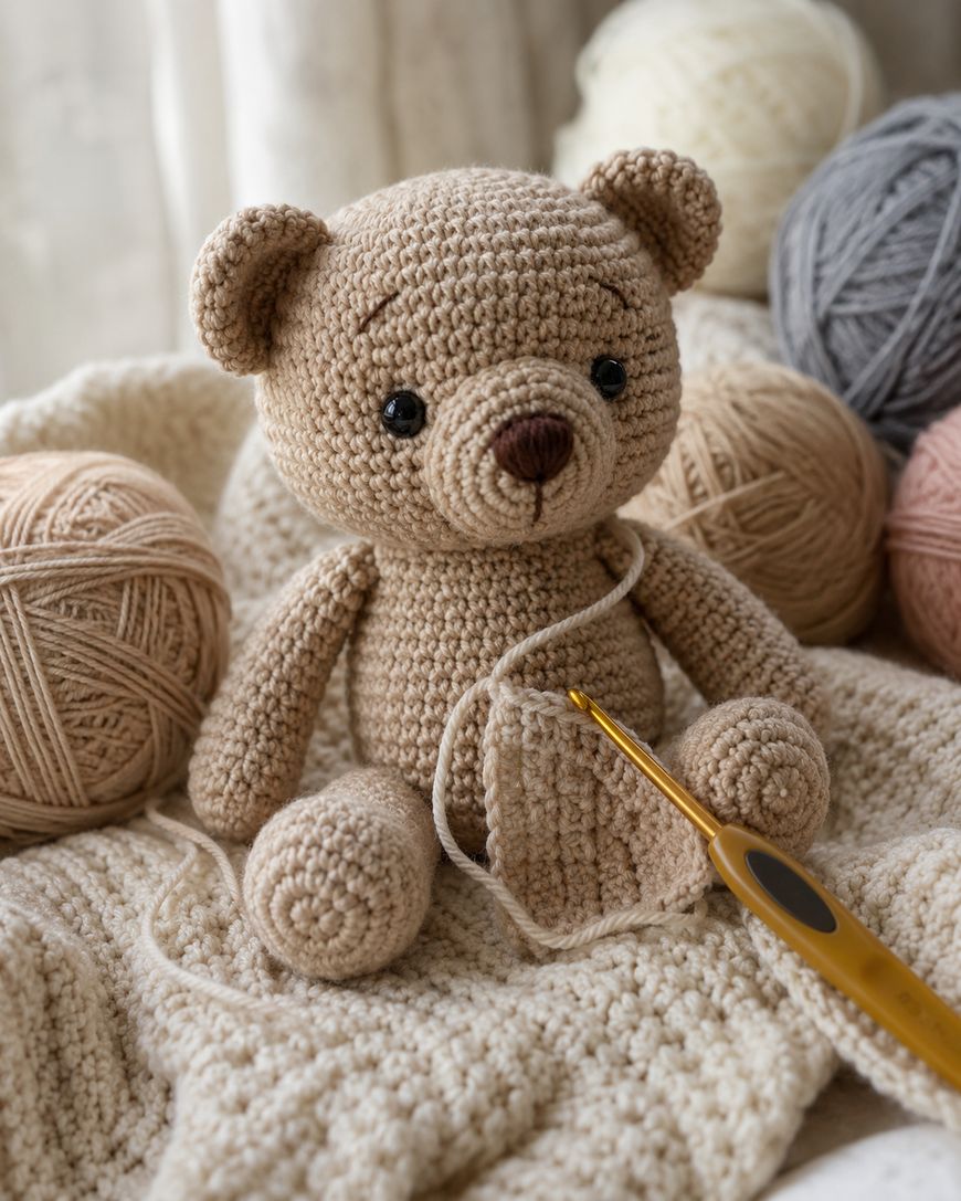 A crocheted teddy bear sits among yarn balls and holds a crochet hook, with a textured crochet piece in progress on its lap.