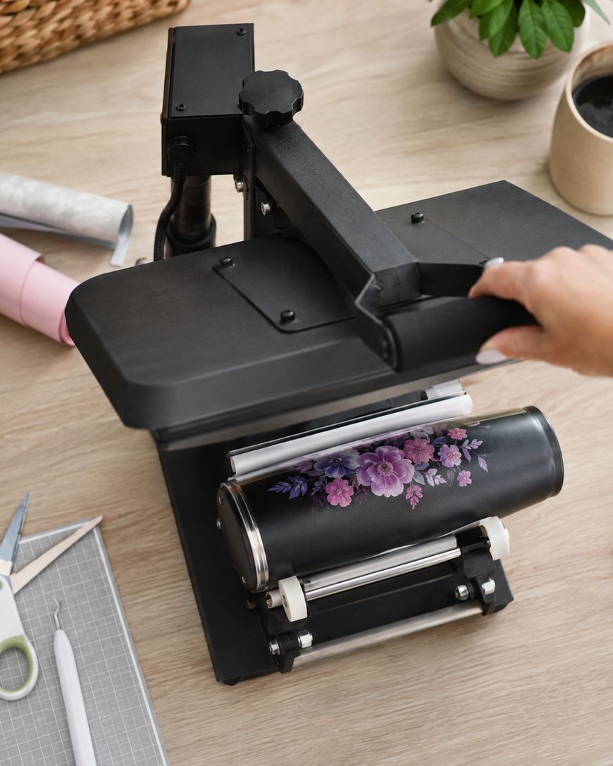 Hands feeding a pressed-flower bookmark through a laminator.