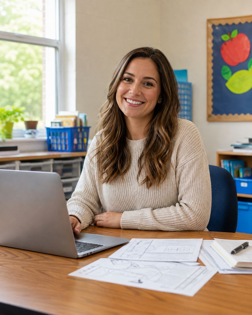 A smiling woman sits at a desk with a laptop, papers, and a pen, in a classroom with a green plant and an apple noticeboard in the background.