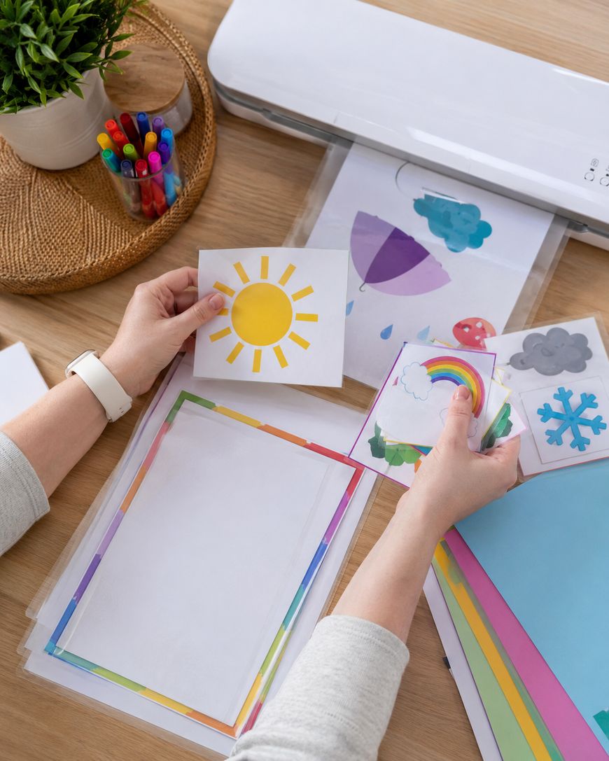A person arranges colourful weather-themed paper cut-outs, including a sun, rainbow, and snowflake, on a desk with a stack of coloured paper and a cutting machine nearby.