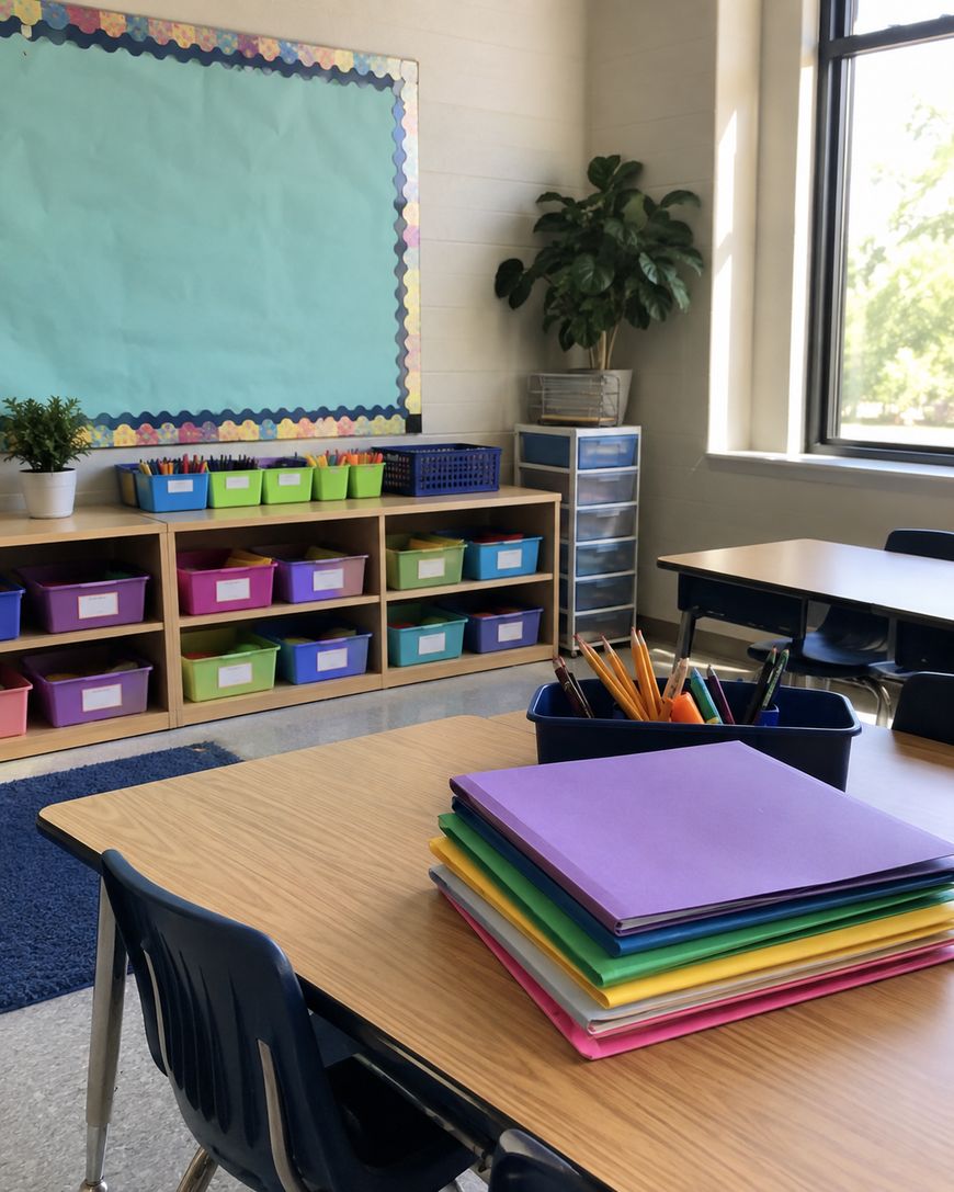 A classroom with desks, colourful folders stacked on a table, bins on shelves, a noticeboard, potted plants, and sunlight coming through a window.