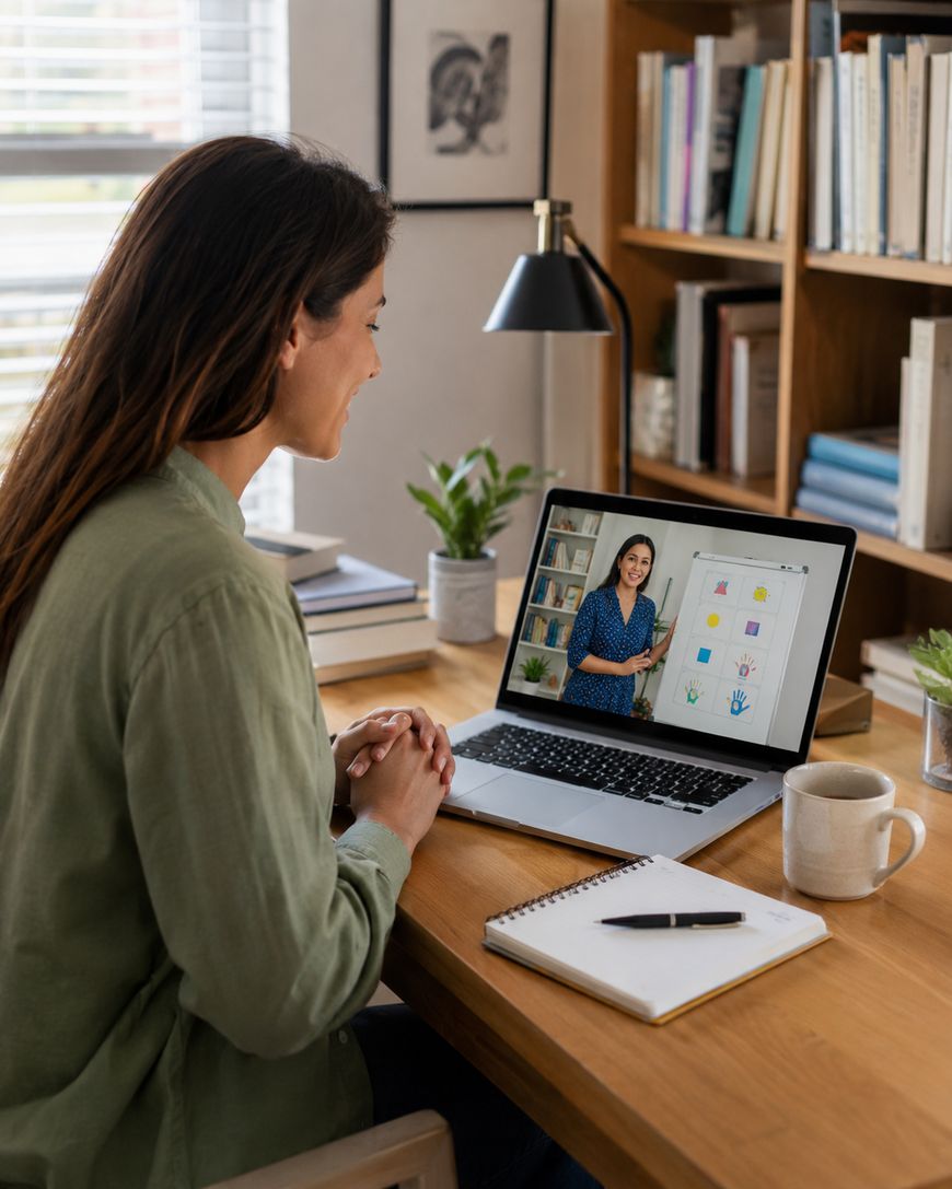 A woman sits at a desk, watching an online lesson with a female instructor on her laptop. The desk has a notebook, pen, mug, and a plant. Bookshelves and a window are in the background.