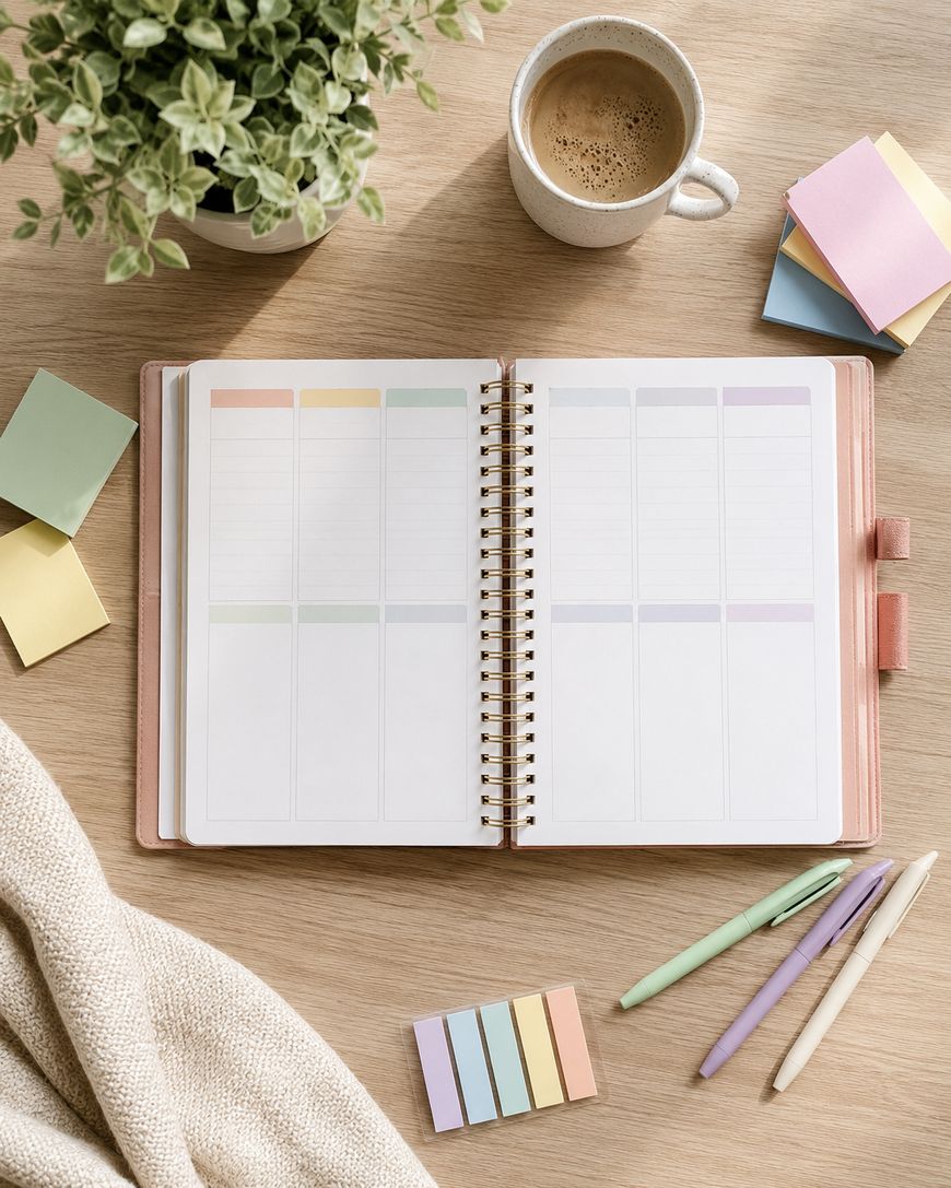 An open diary with blank weekly pages sits on a wooden desk, surrounded by pastel sticky notes, three pens, a cup of coffee, a potted plant, and a beige blanket.
