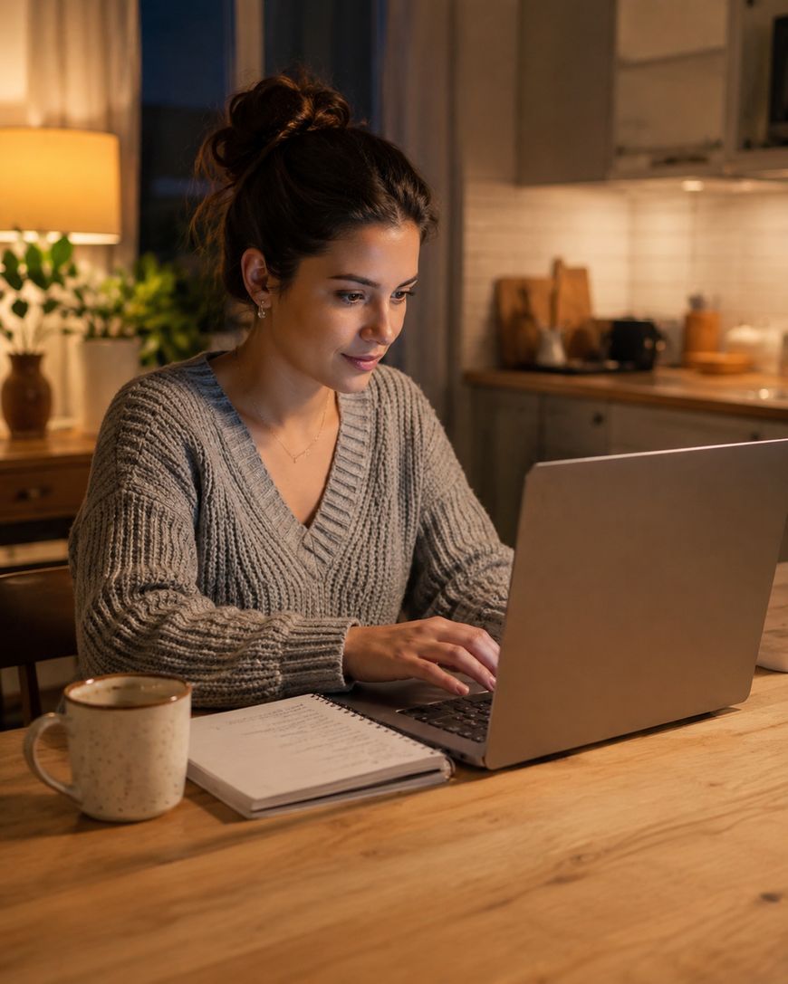 A woman sits at a wooden table working on a laptop in a cosy, warmly lit kitchen. A mug and an open notebook with a pen are beside her. She appears focused on her task.