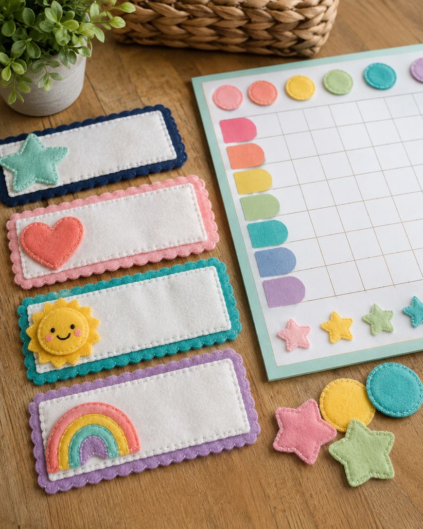 Four felt bookmarks with colourful decorations (star, heart, sun, rainbow) are on a wooden table next to a felt sticker chart and various felt shapes, including stars and circles. A plant and wicker basket are in the background.