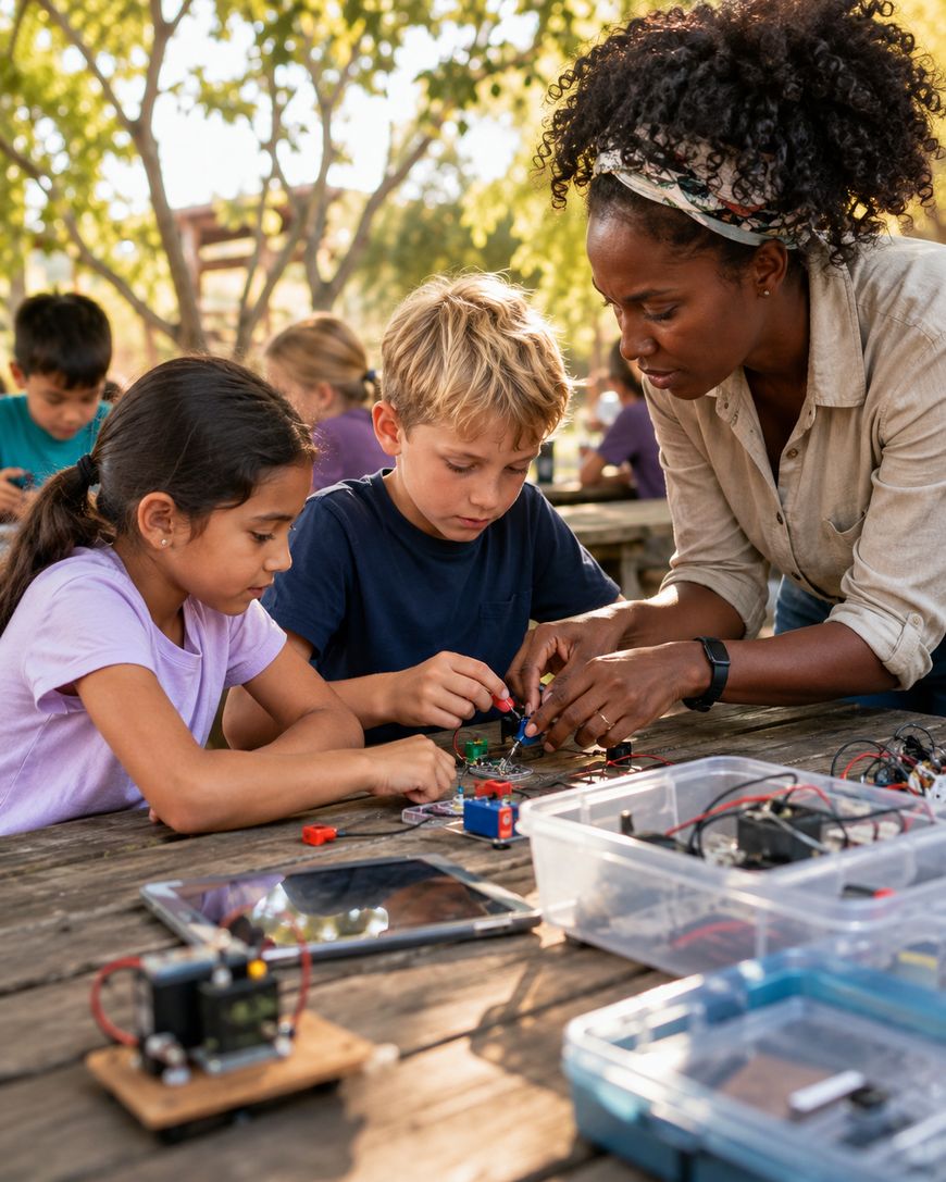 A teacher helps two children with an electronics project at an outdoor table. The children focus on connecting circuit components, while other children work in the background.