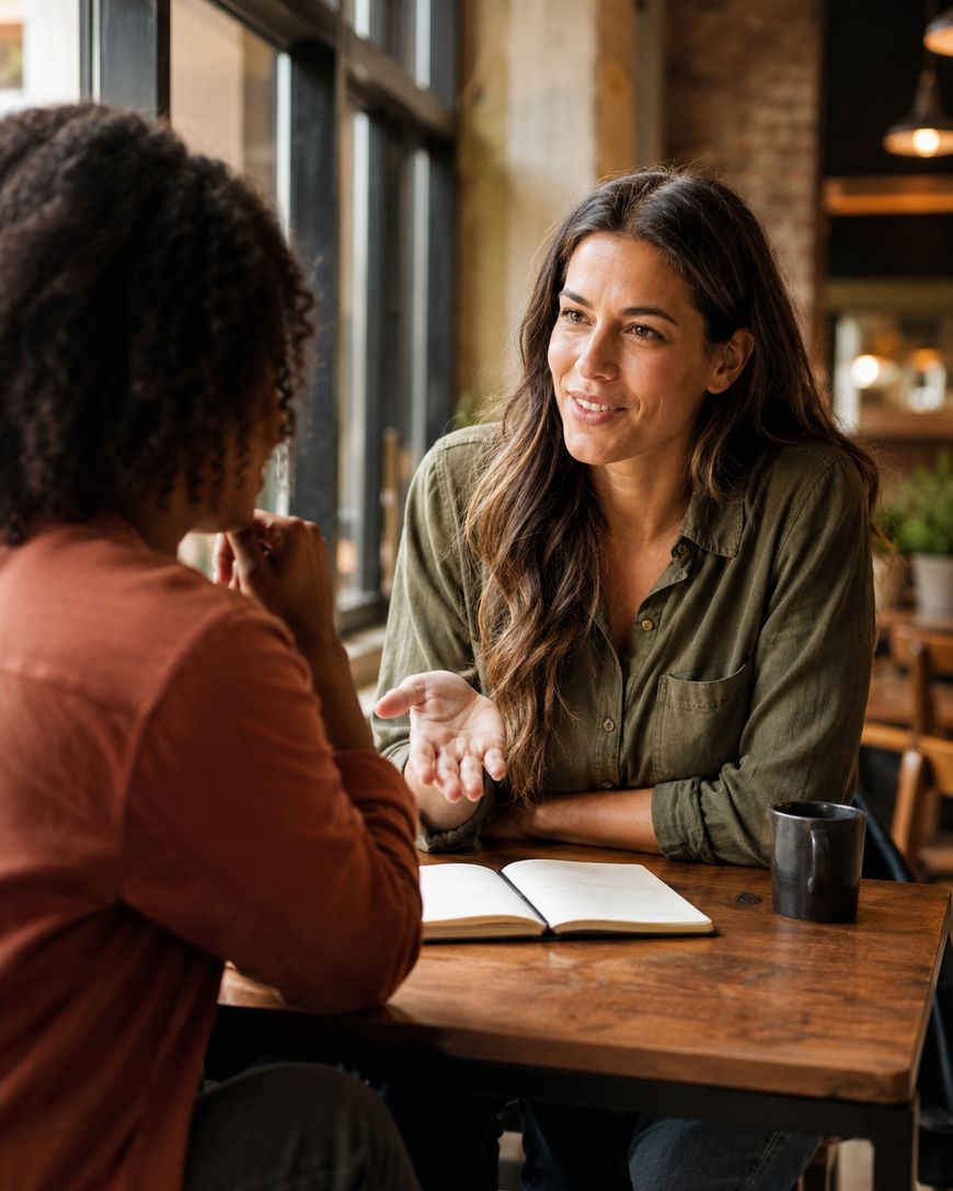 Two women sit opposite each other at a wooden table in a cosy café, having a friendly conversation. One gestures with her hand whilst the other listens. An open notebook and a mug are on the table.