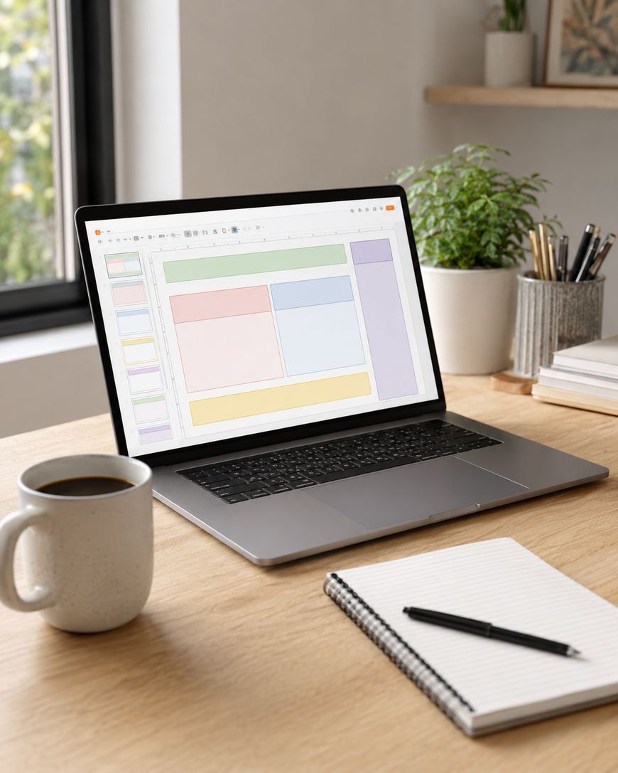 A laptop displaying a colourful chart sits on a wooden desk with a mug, a notepad, a pen, a potted plant, and some stacked books near a window.