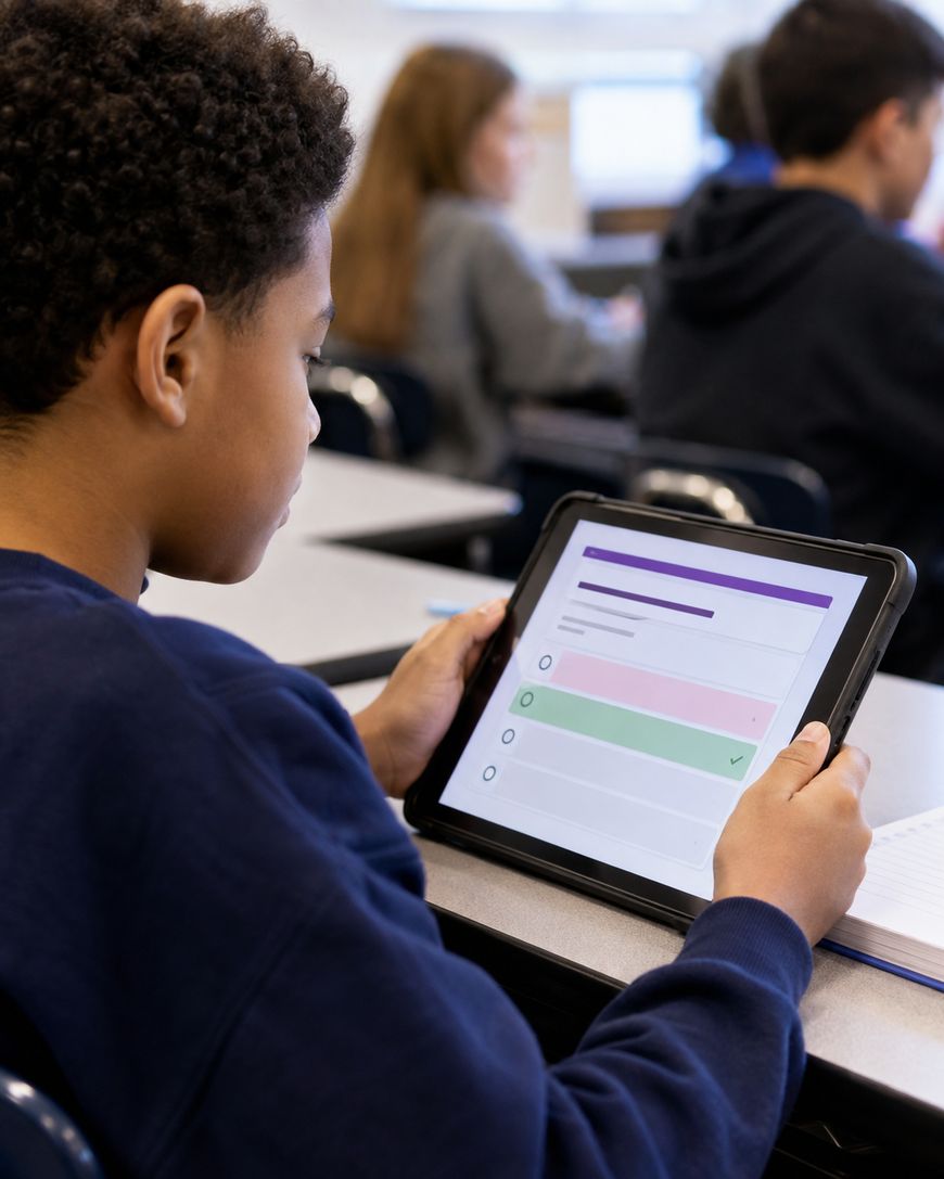 A student sits at a desk in a classroom, holding a tablet showing an online quiz or test. Other students are seated in the background, facing forwards.