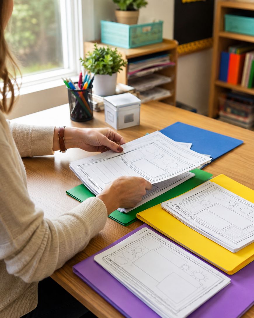 A person sits at a desk sorting worksheets into colourful folders. The desk has office supplies, and classroom shelves and a window are in the background.