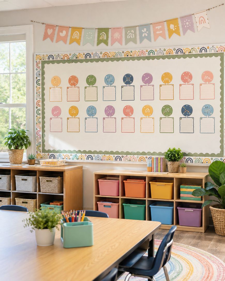 A colourful classroom with a noticeboard, cubbyholes filled with baskets and bins, a round rug, a window, plants, and a table with supplies. Banners and rainbow decor add to the cheerful atmosphere.