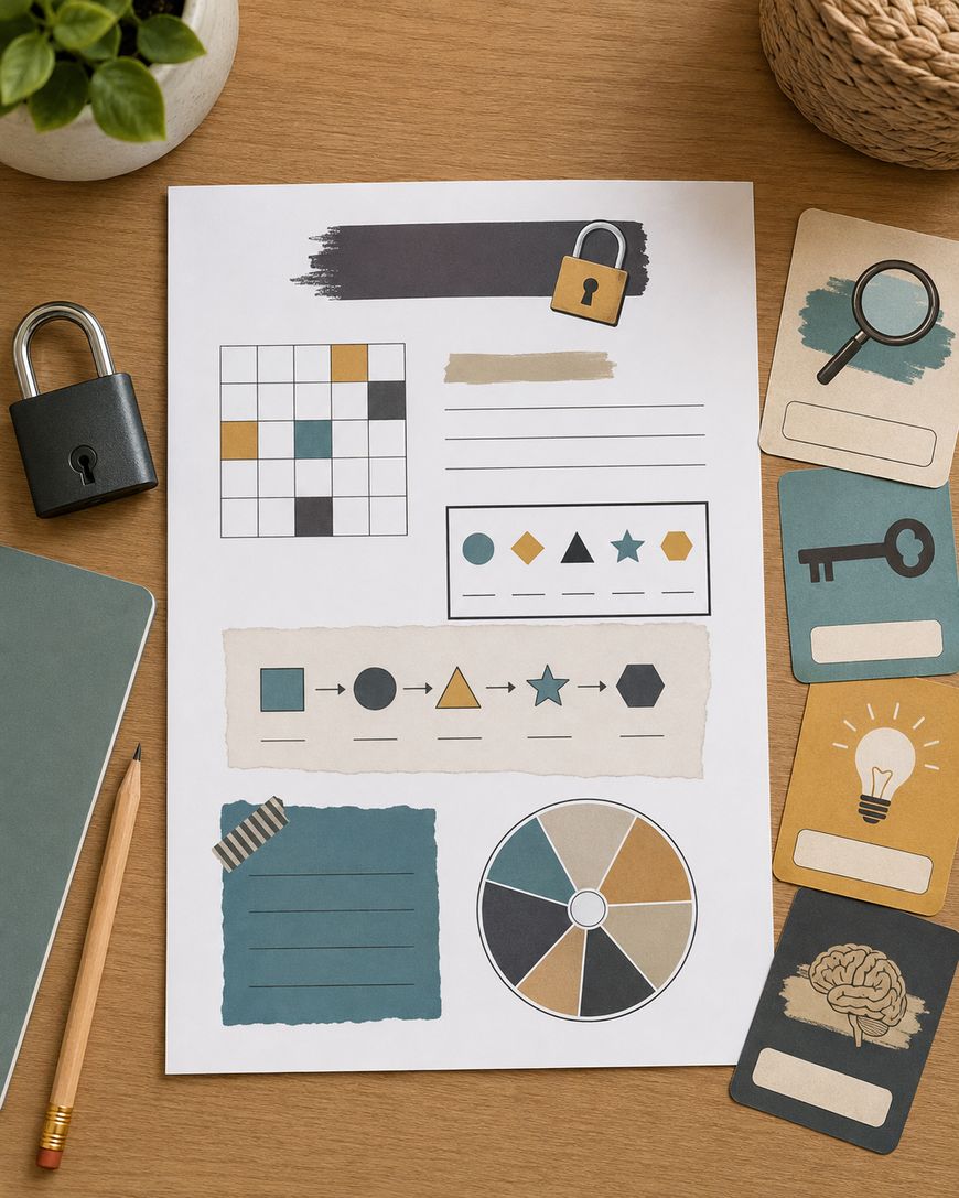 Puzzle worksheet with colourful shapes, a grid, lock icon, pie chart, and blank sections on a desk with a pencil, notebook, padlock, and illustrated cards featuring a key, magnifying glass, light bulb, and brain.