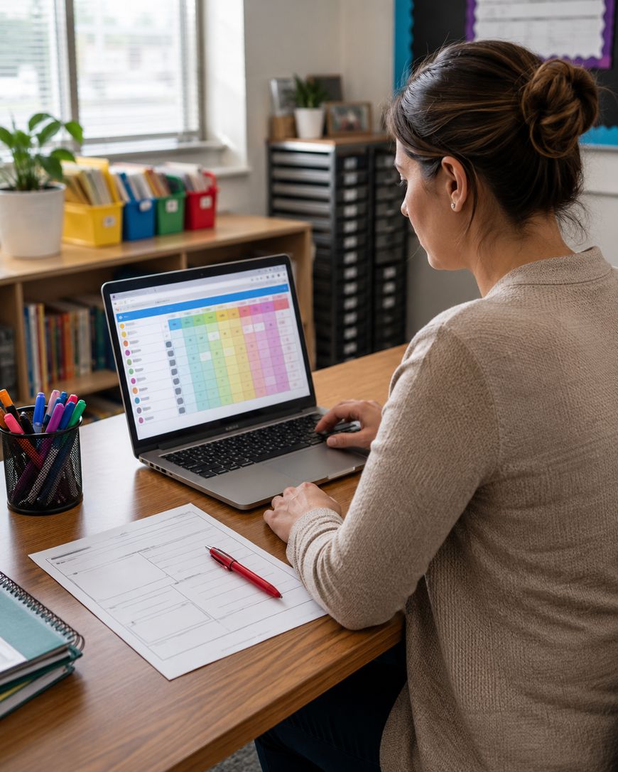 A woman sits at a desk using a laptop with a colourful spreadsheet on the screen. Papers, pens, and office supplies are on the desk in a bright, organised office setting.
