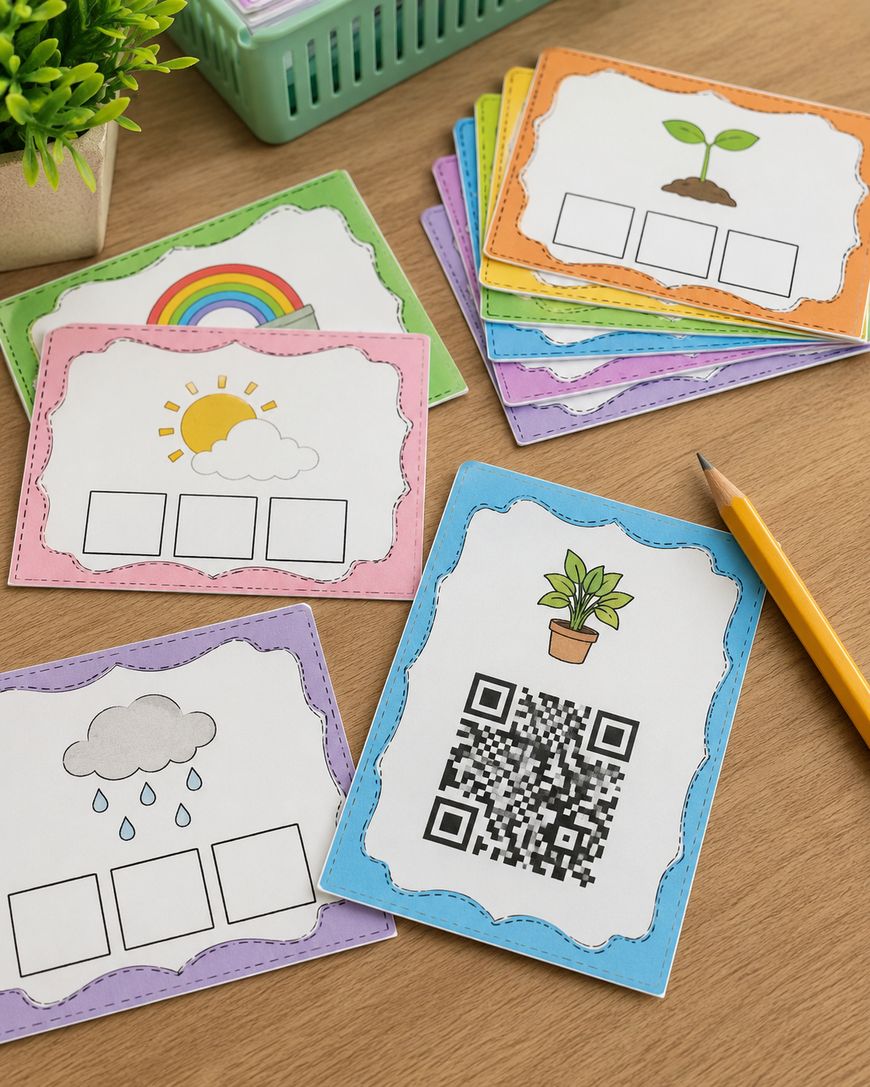 Colourful cards with nature illustrations, squares for letters, and one card with a plant and a large QR code. A pencil and a green basket of supplies sit nearby on a wooden table.