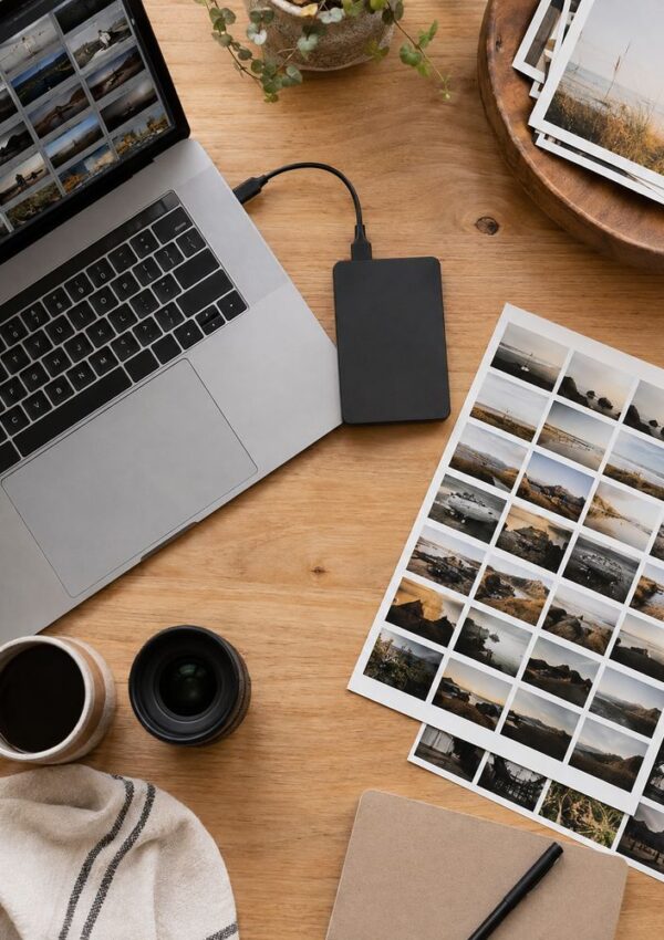 A laptop, external hard drive, camera lens, coffee cup, printed photo sheets, and a notebook are arranged neatly on a wooden desk.