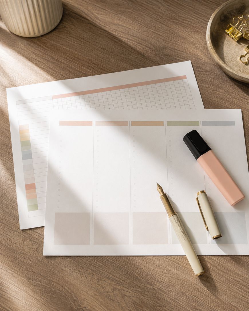 A blank planner page on a white desk with a brush pen and a strip of color swatches beside it.