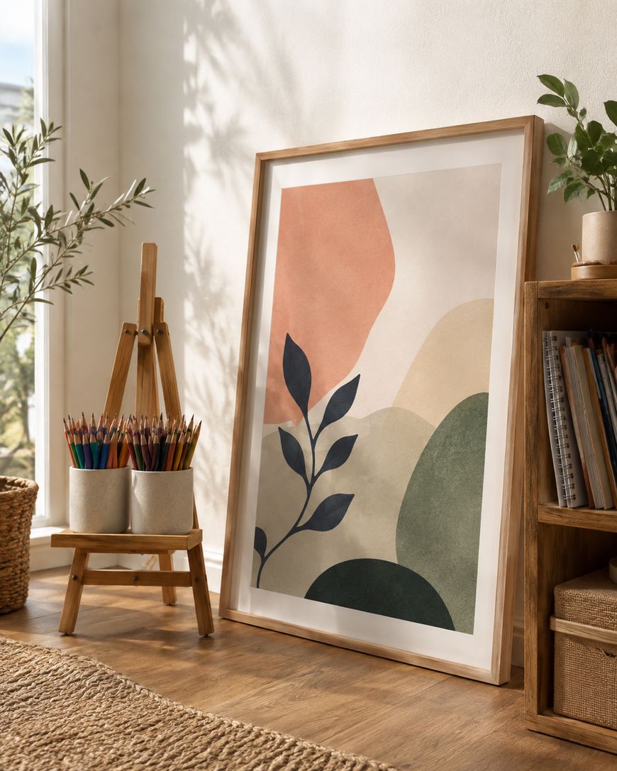A desk corner with colored pencils in a jar, abstract wall art and shelves of books.