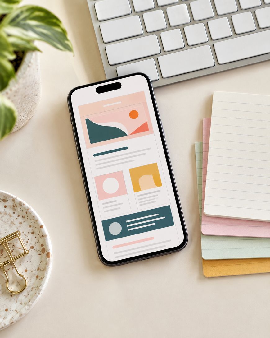 A smartphone displaying a colourful website layout rests on a desk with a keyboard, a potted plant, a dish with a binder clip, and pastel index cards.